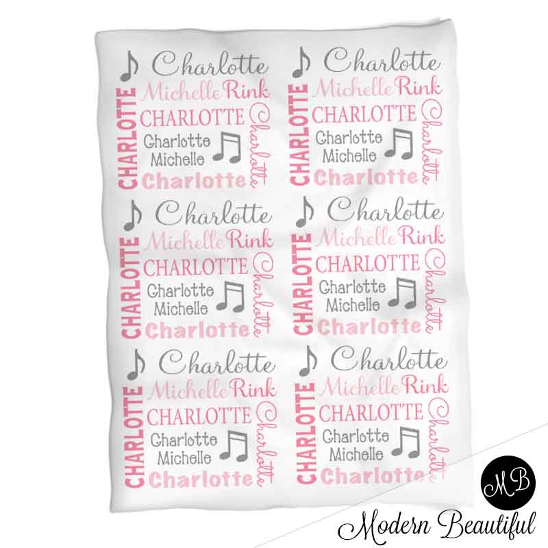 Personalized Music Note Baby Name Blanket Pink