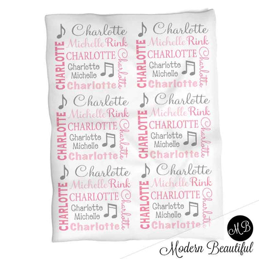 Personalized Music Note Baby Name Blanket Pink