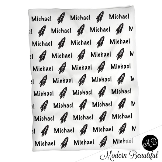 Personalized Rocket Space Baby Name Blanket Boy
