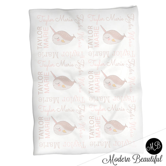 Personalized Narwhal Baby Name Blanket Girl