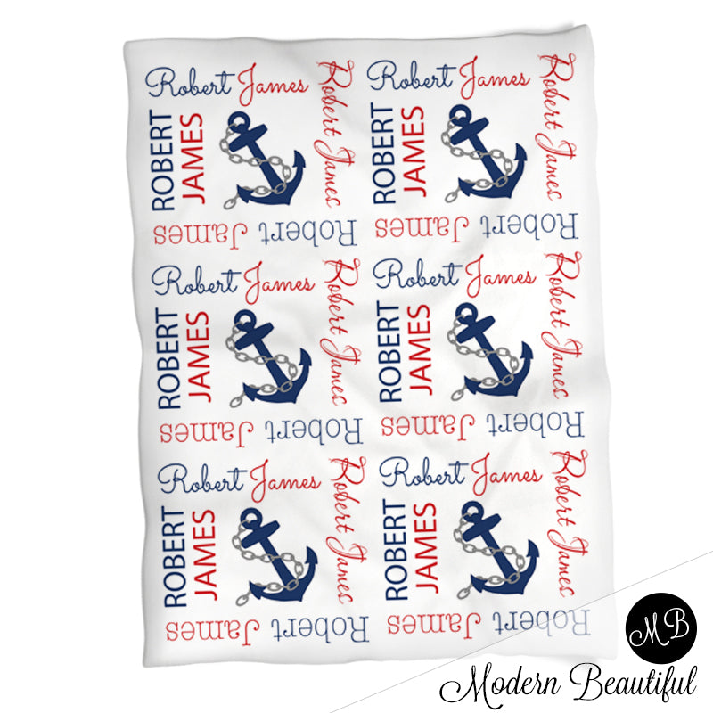 Personalized Nautical anchor Baby Name Blanket Boy