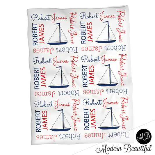 Personalized Nautical sailboat Baby Name Blanket Boy
