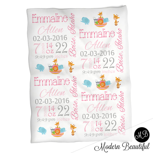 Noah Ark Baby Stats Blanket Girl
