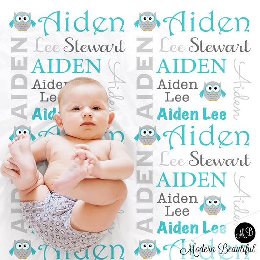 Personalized Owl Baby Name Blanket Boy Blue
