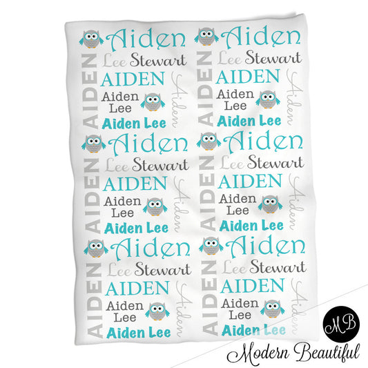 Personalized Owl Baby Name Blanket Boy Blue