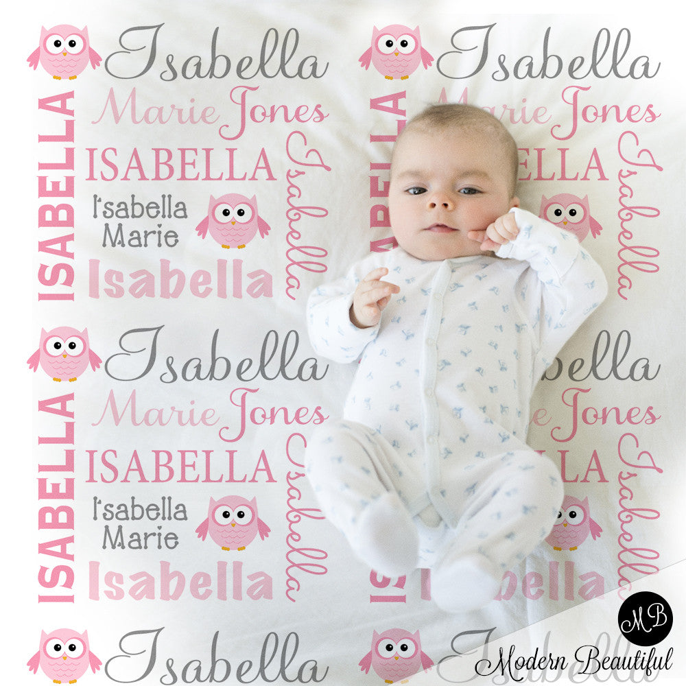 Personalized Owl Baby Name Blanket Girl