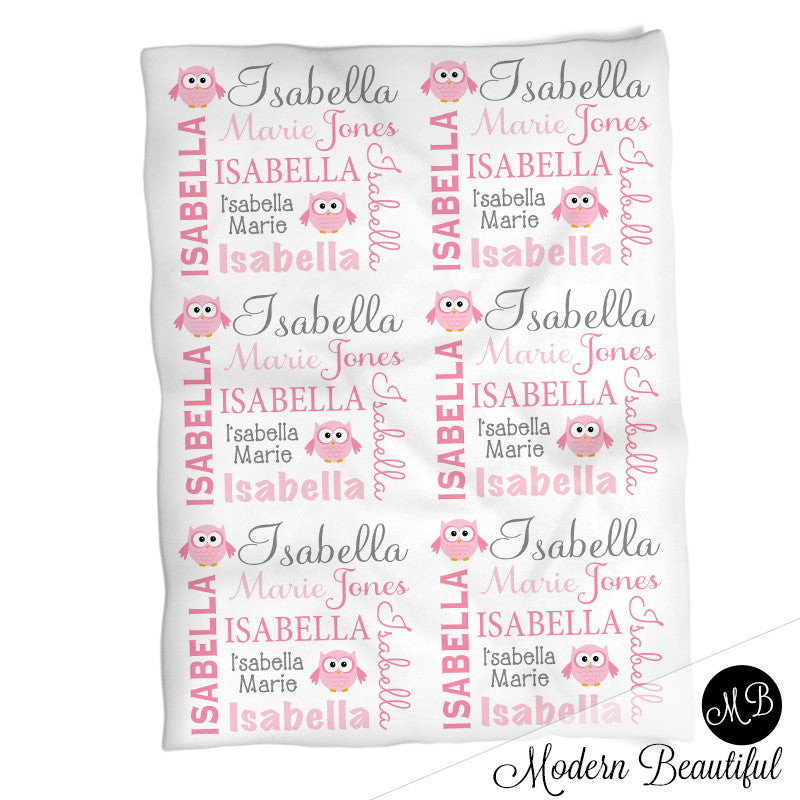 Personalized Owl Baby Name Blanket Girl