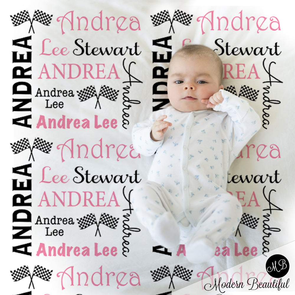 Baby girl drag racing name blanket, hot pink and black, racing swaddling blanket, baby girl race flag blanket, girl baby shower gift, (CHOOSE COLORS)