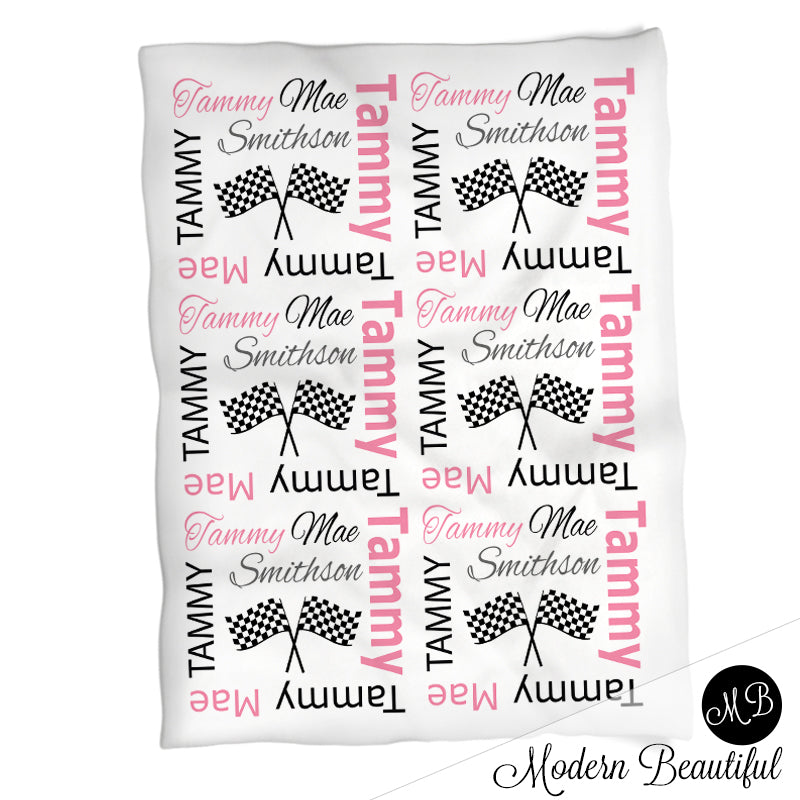 Hot pink and black baby girl drag racing name blanket, racing swaddling blanket, baby girl race flag blanket, girl baby shower gift, (CHOOSE COLORS)
