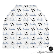 Soccer baby boy or girl car seat canopy covers, soccer baby gift, blue and white, custom infant car seat cover, personalized baby name carseat cover, nursing privacy cover, shopping cart cover, high chair cover (CHOOSE COLORS)