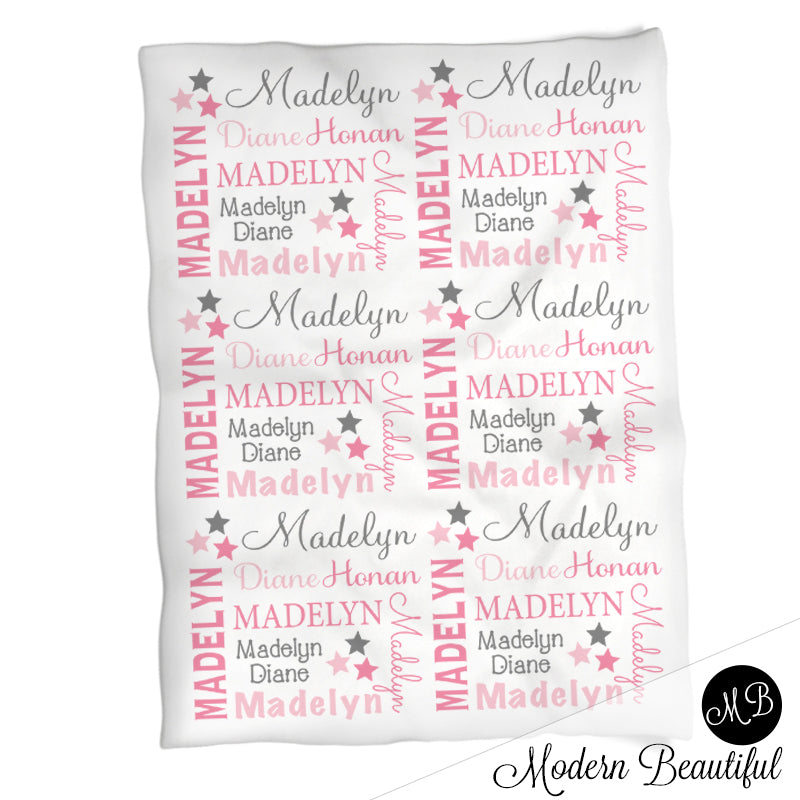 Baby girl stars name blanket in gray and pink, star swaddling blanket, baby girl star blanket, star blanket, star baby shower gift, (CHOOSE COLORS)