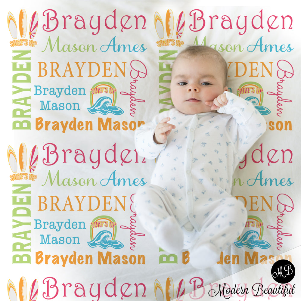 Baby girl surfboard name blanket