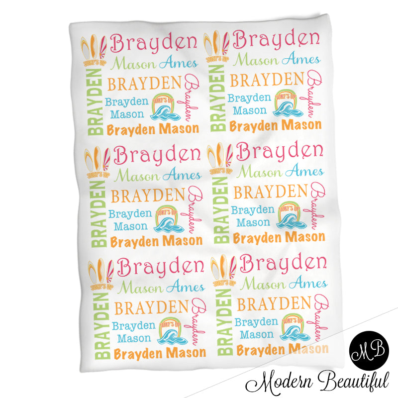 Personalized Surfboard Baby Name Blanket Girl