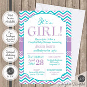 Teal and purple baby shower invitation