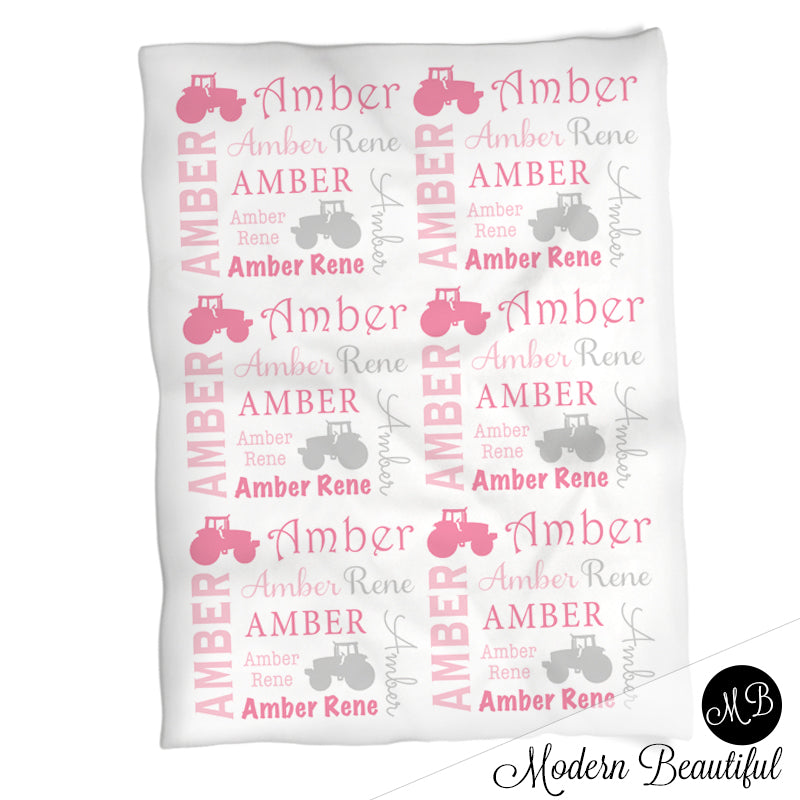 Personalized Tractor Baby Name Blanket Girl