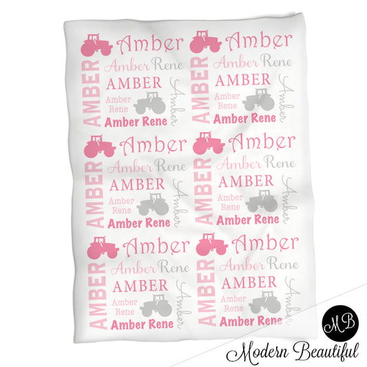 Personalized Tractor Baby Name Blanket Girl