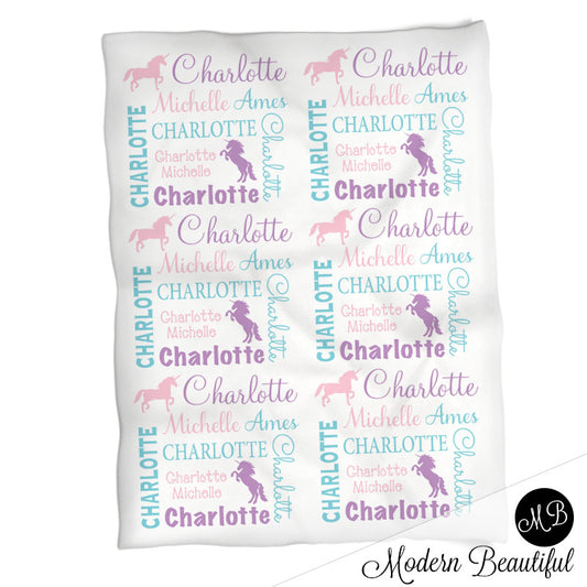Personalized Unicorn Baby Name Blanket Girl