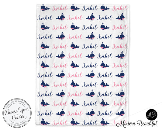 Personalized Whale Baby Name Blanket Girl