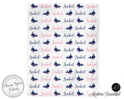 Whale baby girl blanket, navy and pink, whale baby name blanket, custom whale personalized baby gift, swaddle baby blanket, personalized blanket, boy or girl blanket, choose colors