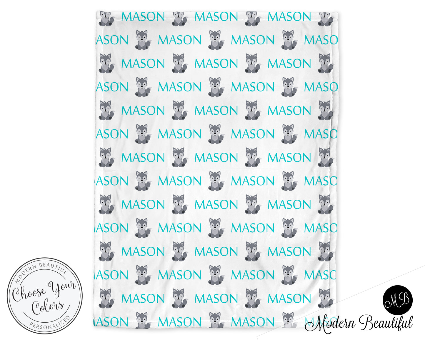 Personalized Wolf Baby Name Blanket Blue