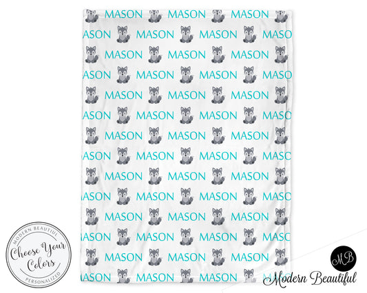 Personalized Wolf Baby Name Blanket Blue