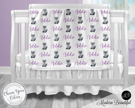 Wolf baby girl blanket, purple and gray wolf name blanket, custom wolf personalized baby gift, swaddle baby blanket, personalized blanket, boy or girl blanket, choose colors