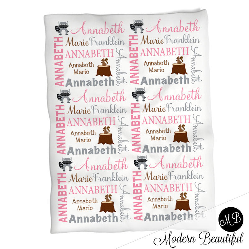 Girl Forest Animals Name Blanket, personalized baby gift, photo prop blanket, baby blanket, personalized blanket, choose colors
