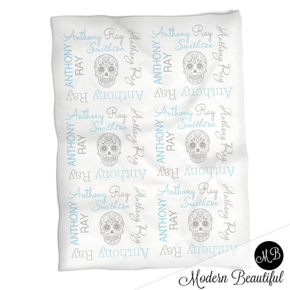 Personalized Sugar Skulls Baby Name Blanket Boy Blue