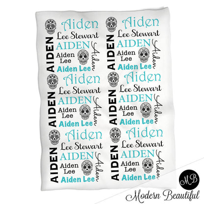 Personalized Sugar Skull Baby Name Blanket Boy Blue