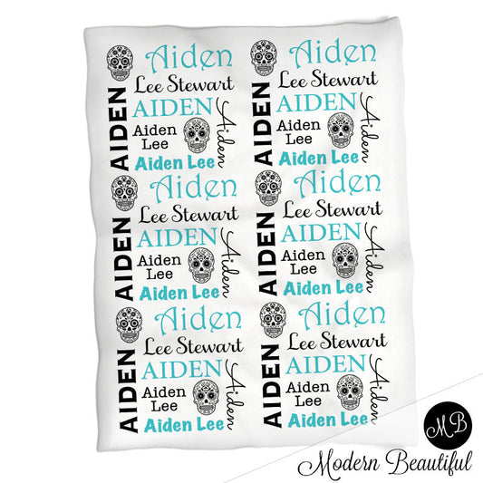 Personalized Sugar Skull Baby Name Blanket Boy Blue