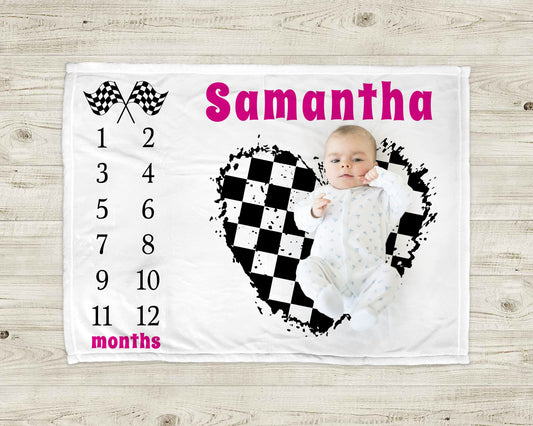 Girl Race Flag Baby Milestone Blanket | Baby Growth Photo Blanket Pink Heart
