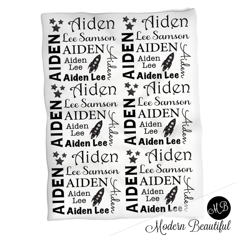 Personalized Space Rocket Baby Name Blanket Boy