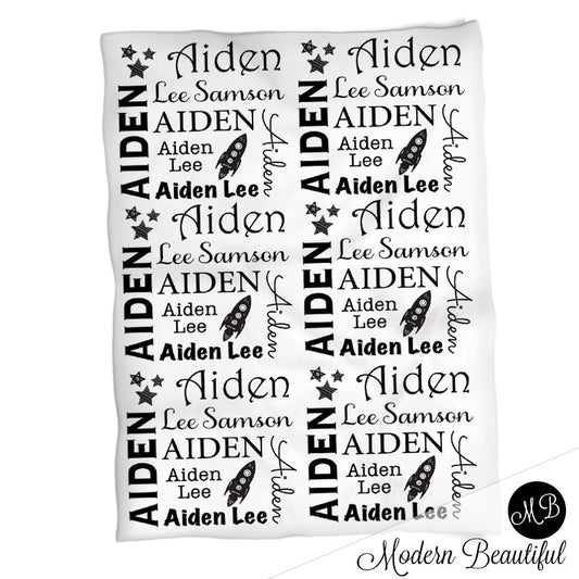 Personalized Space Rocket Baby Name Blanket Boy