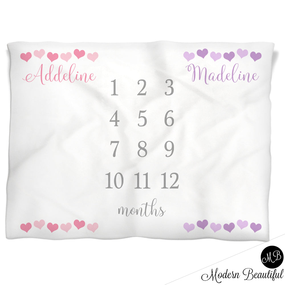 Twin Girls Hearts Milestone Baby Blanket Personalized Pink Purple  Baby Growth Photo Blanket