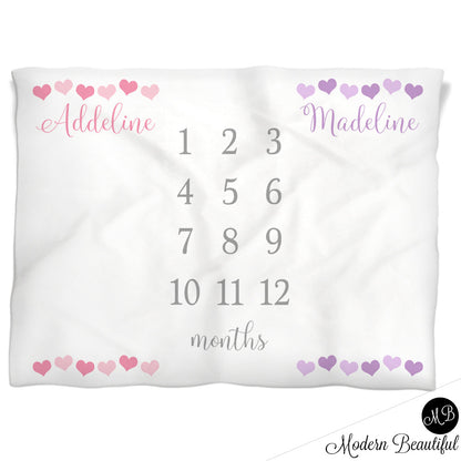 Twin Girls Hearts Milestone Baby Blanket Personalized Pink Purple  Baby Growth Photo Blanket