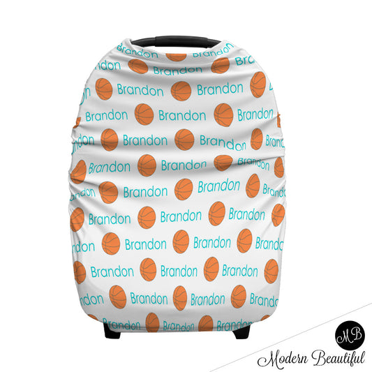 Basketball baby boy or girl car seat canopy cover, basketball baby gift, orange and aqua, custom infant car seat cover, personalized baby name carseat cover, nursing privacy cover, shopping cart cover, high chair cover (CHOOSE COLORS)