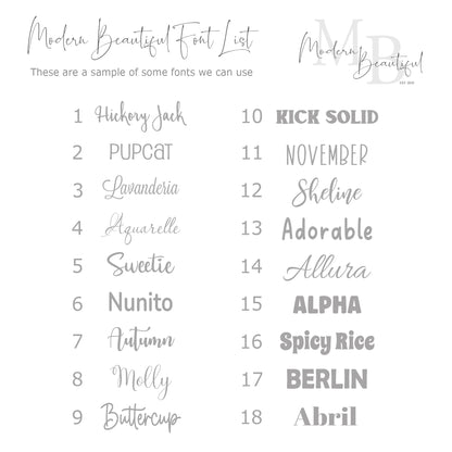 a list of font and numbers for a wedding
