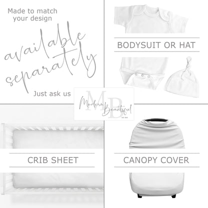 a baby's bodysuit and a crib sheet with the names of the