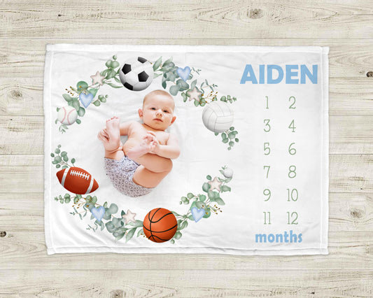 Baby laying on a milestone baby blanket with all star sports theme.