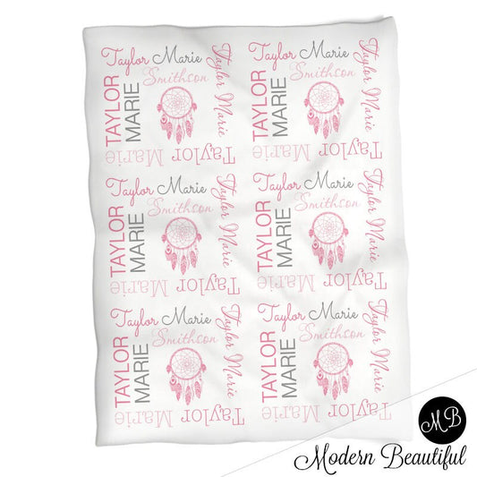 Personalized Dreamcatcher Baby Name Blanket Girl Pink