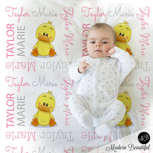 Personalized Duck Baby Name Blanket Girl