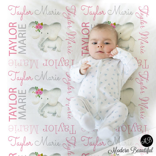 Personalized Elephant Pink Flowers Baby Name Blanket Girl