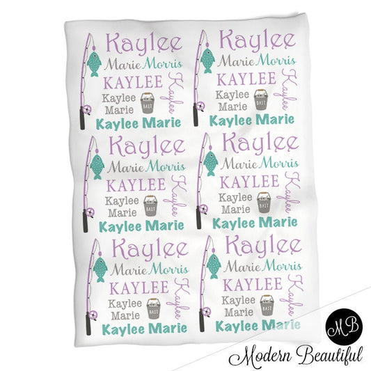 Personalized Fishing Baby Name Blanket Girl Fishing Pole Fish Purple