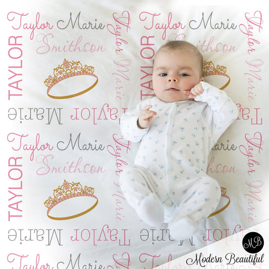 Personalized Princess Tiara Pink Baby Name Blanket Girl