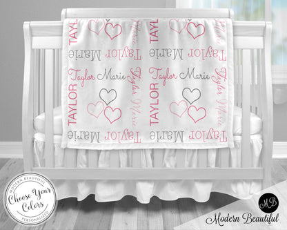 Personalized Hearts Baby Name Blanket Girl