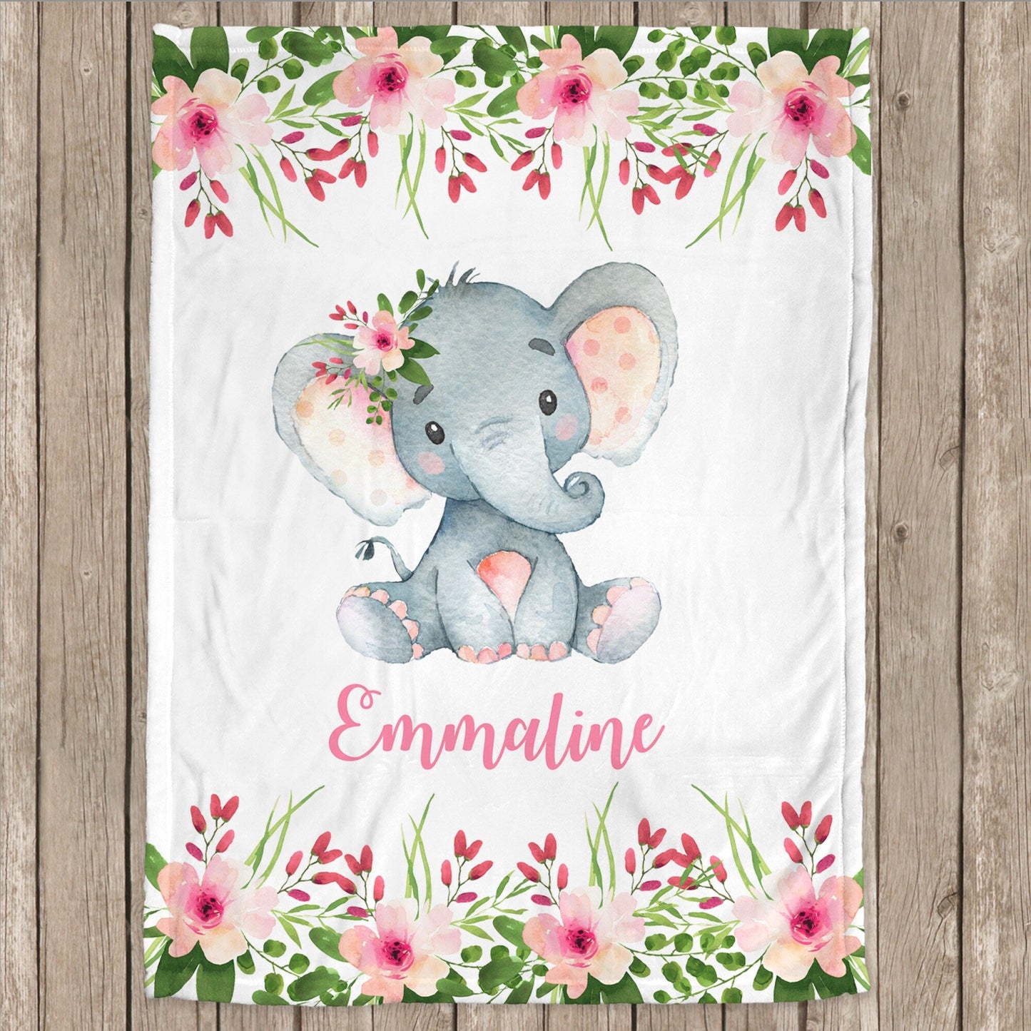 Personalized Elephant Flowers Baby Name Blanket Girl
