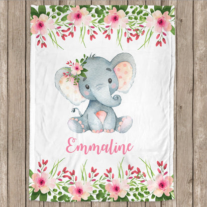 Personalized Elephant Flowers Baby Name Blanket Girl