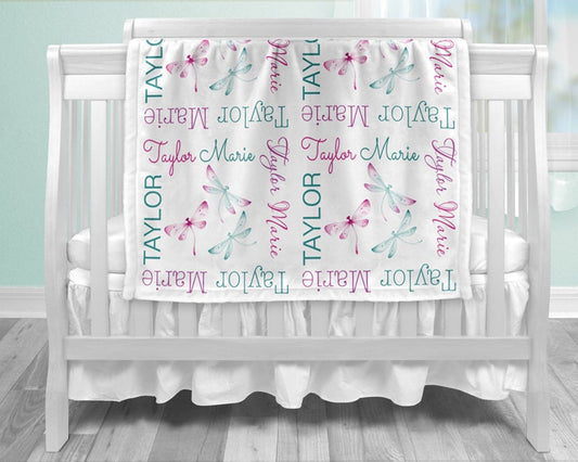 Personalized Girl dragonfly Baby Name Blanket Girl