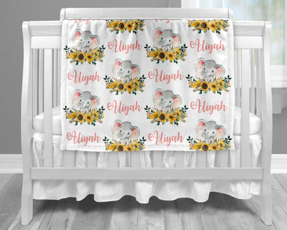 Personalized Elephant Sunflowers Baby Name Blanket Girl