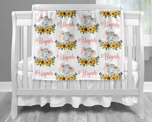 Personalized Elephant Sunflowers Baby Name Blanket Girl
